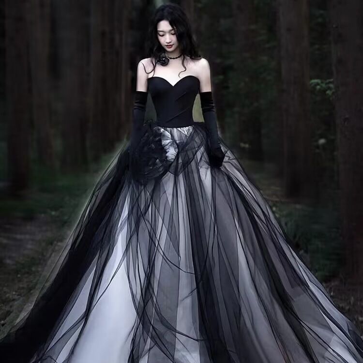 イブニングドレスフォトスタジオ写真テーマ衣装ブフォレストスタイルアウトドアシーンメッシュガーゼテールガーゼ付き黒ガーゼ