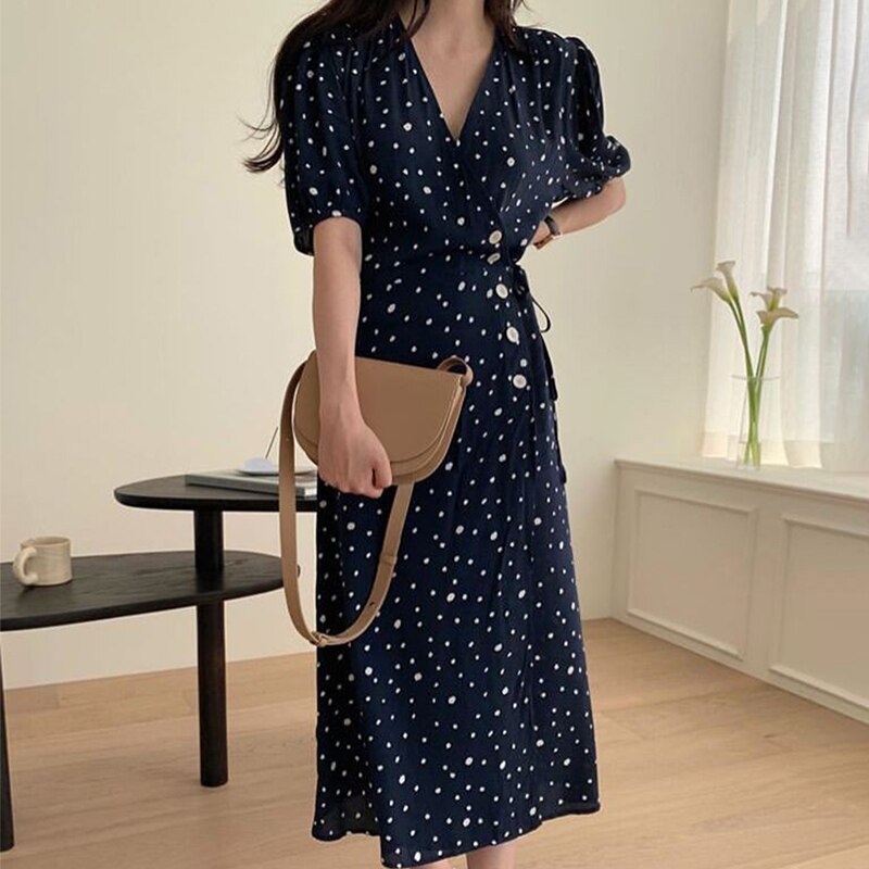 ワンピース 半袖 春夏 きれいめ ロング ワンピドレス ロング丈 ミドル丈 Vネック 深 Vネック リボン ウエストリボン ネイビーブルー ワンサイズ かわいい 大人可愛い シンプル カジュアル 大人