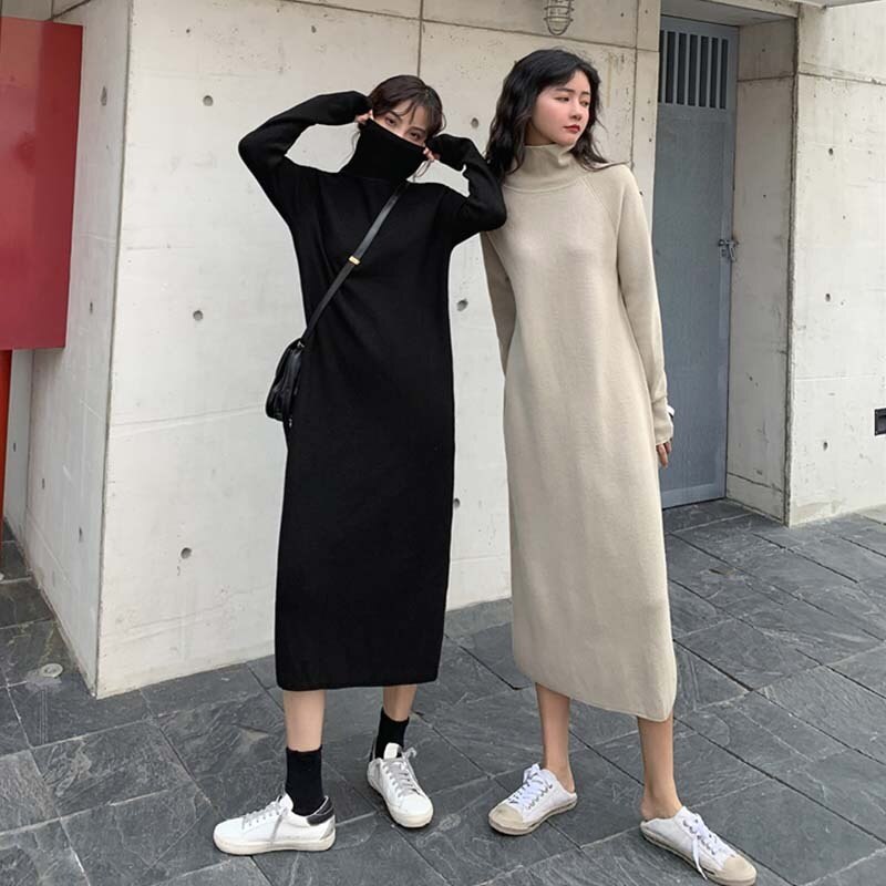 2色 ワンピース 長袖 春 秋 冬 きれいめ カジュアル かわいい ロング ニット ワンピ ワンピドレス 膝下 ミモレ ミモレ丈 萌袖 ハイネック タートルネック スリム タイト 細身 ストレート I