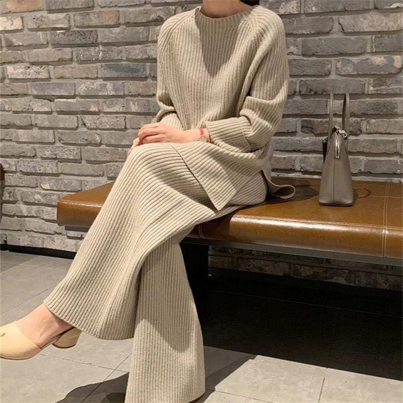 ニットセットアップ女2025秋冬厚手セーターワイドパンツ2点セットセットアップ