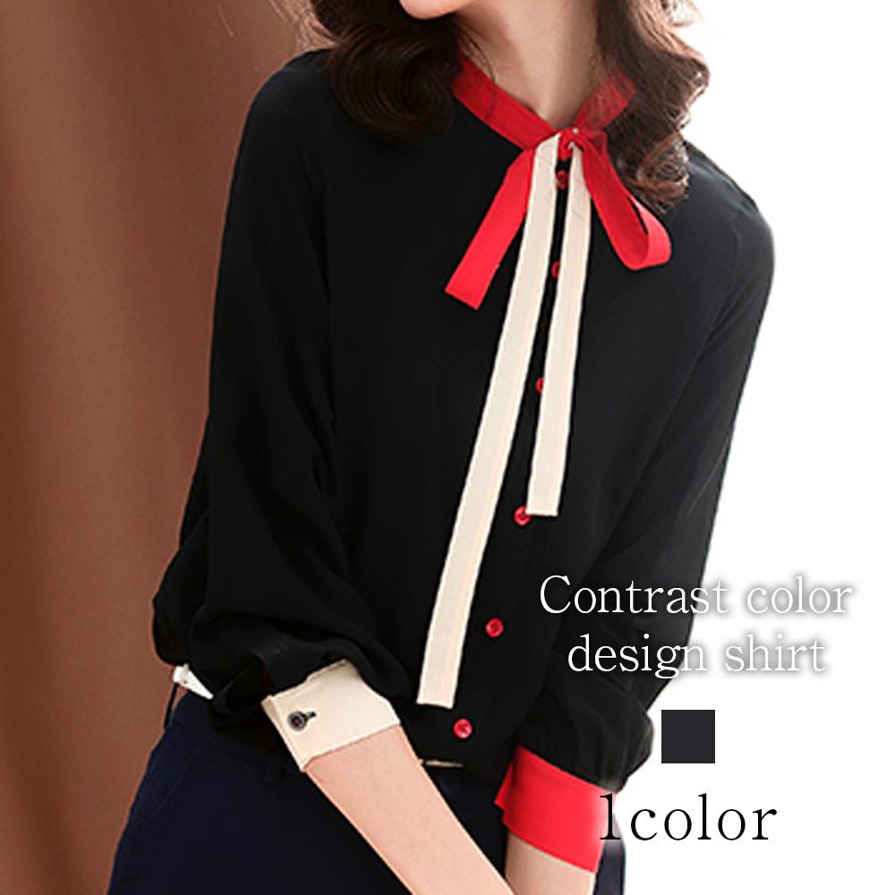 ブラウス レディース コントラスト配色デザインシャツ 黒 ノーアイロン ワンピース Tシャツ 春 レース 安い カットソー ブランド スーツ オフィス カジュアル 冬 秋 きれいめ 高品質 人気 フォ