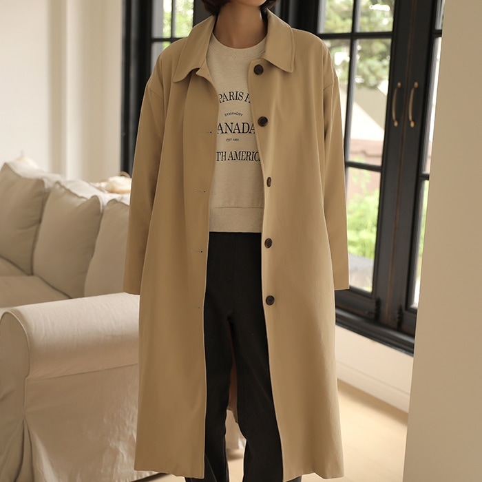 [韓国ファッション] シンプルボタンステンカラーロングコート