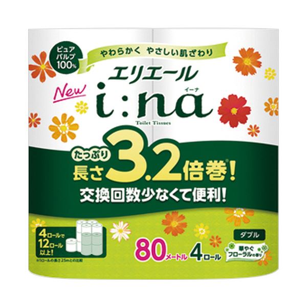 エリエールi：na（イーナ）トイレットティシュー 3.2倍巻 ダブル 芯あり 80m 1セット（64ロール：4ロールx16パック）