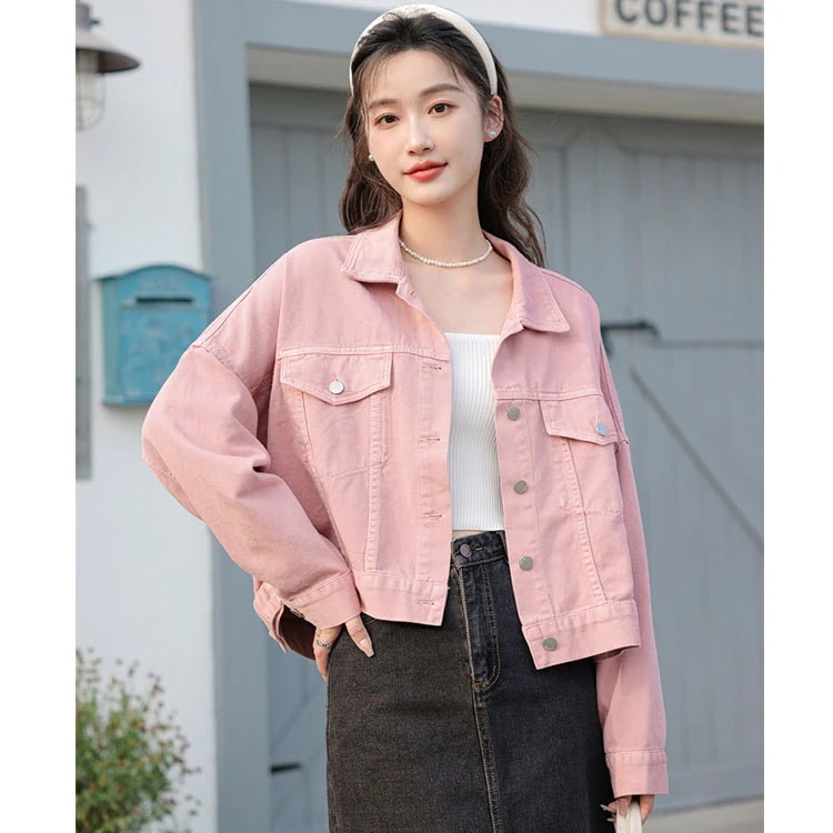 コーデに役立つ！デニムジャケット レディース 2024春の新作韓国 ピンクデニムジャケット女性用ショート丈ゆったり長袖ジャケット 韓国ファッション