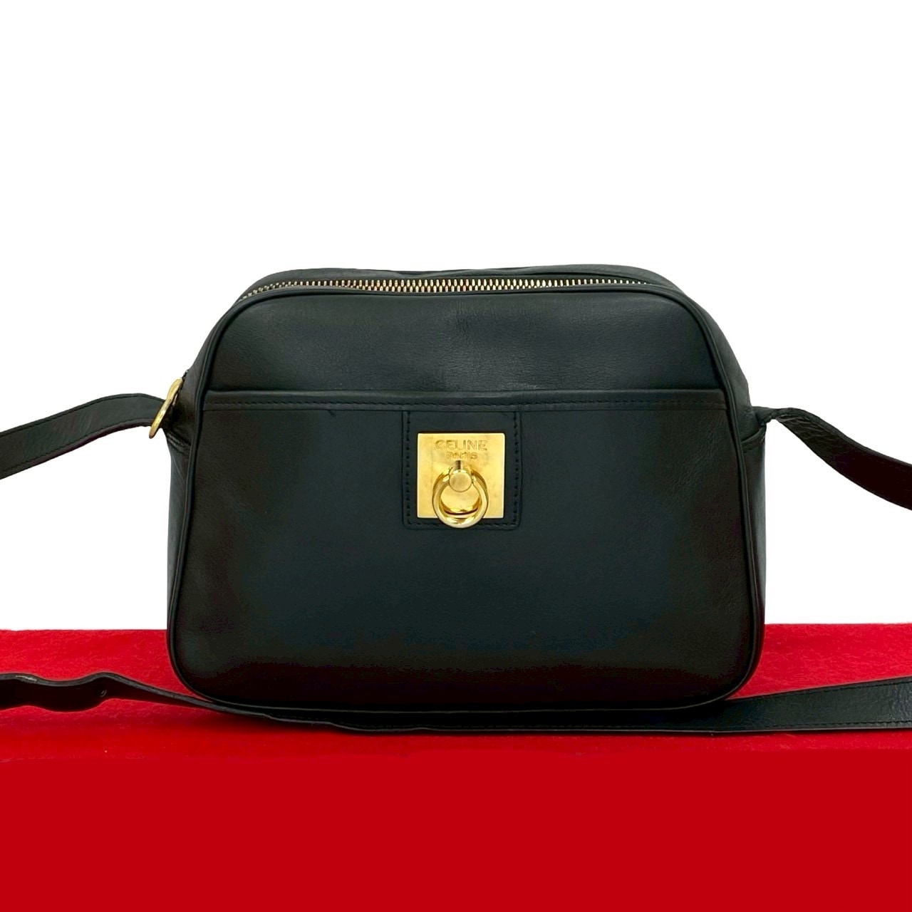 ヴィンテージ ロゴ リング 金具ショルダーバッグ レザー ブラック 41770