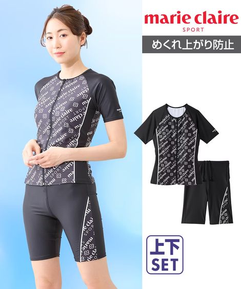 ラッシュガード marie claire SPORT 全開ジップ袖付きタンキニセパレート水着