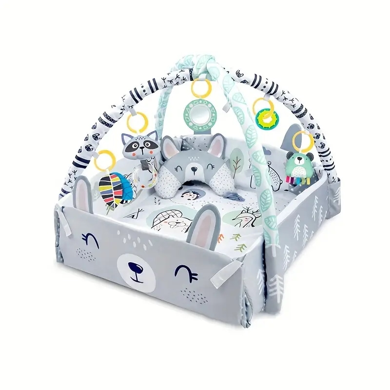 ベビー プレイマット四面フェンスとジムアーチ付きハイハイ用の枕付き