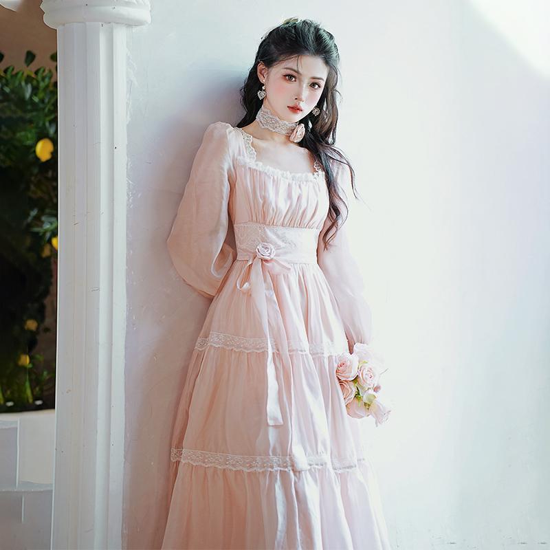 ワンピース ドレス レディース 春の フランスの 優しい ピンクの フェアリーの 王女の ロング ドレス ランナウェイ プリンセス パール シフォン ロリータ