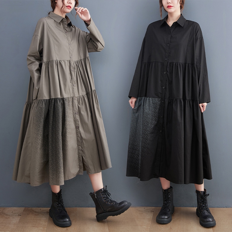 ワンピース シャツワンピース ティアード 切替デザイン 長袖 フロントボタン ゆったり 体型カバー ミモレ丈 膝下丈 フレア Aライン ギャザー レトロ フェミニン 大人女子 オシャレ おしゃれ