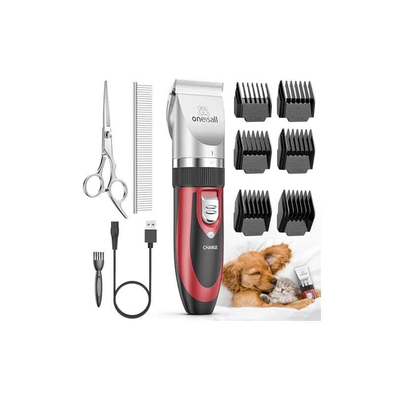 oneisallペット用バリカン 犬用バリカン トリミングバリカン 刈り高さ調整可能 犬/猫/その他の動物の全身カットに幅広く対応 低騒音 コードレス 初心者にも適用 ガイドコーム6個付き モデルP2