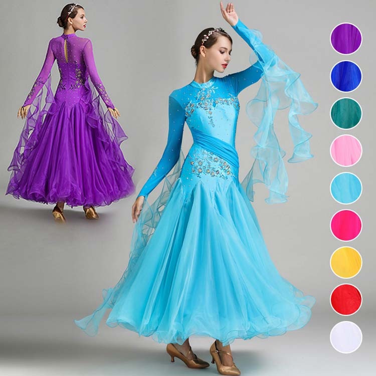 新作ゴージャズな社交ダンスドレス 競技着 発表会舞台演出服 スパンコールキラキラ舞台ステージ服 インターナショナルダンス衣装 レッスン着 リボンボリュームラテンワルツ衣装 モダンドレス 練習服