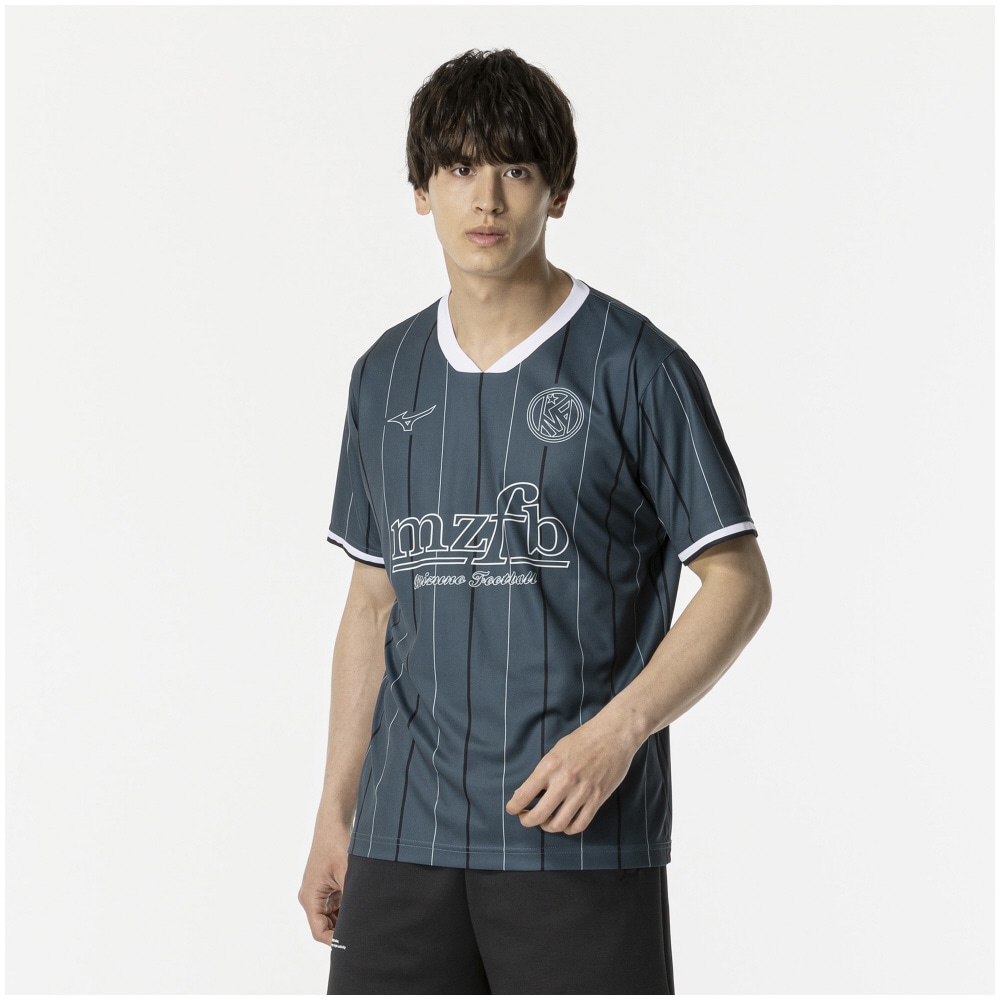 ミズノ P2MABX7433L ユニセックス フットボール ストライプTEE（ダークグリーン・サイズ：L） P2MABX7433L