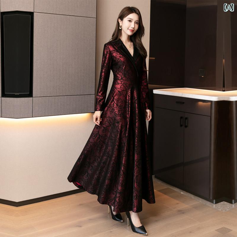 レディース　ドレス　ワンピース レトロ スーツ カラー ドレス 女性 2025 秋 ファッション ハイエンド スリムフィット スーパー ロング 膝丈 スカート