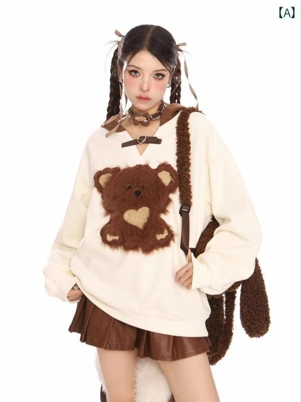 パーカー 甘カジュアル 女性用 レディース ぬいぐるみ もふもふ クマさん フード付 スウェット トレーナー 秋冬 カレッジ 甘め ゆったり トップス プリティー ピンク ラブリー テイスト 女の子