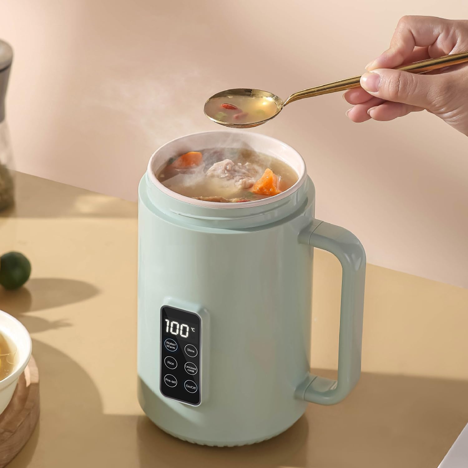 「7分でお湯が出る・1L大容量」マグカップ型電気なべ 煮込みポット KSD温度制御 お湯/保温 煮込み ご飯 蓋を開けて煮る 12時間予約 電気ケトル スープメーカー 湯沸かしケトル 養生カップ スー