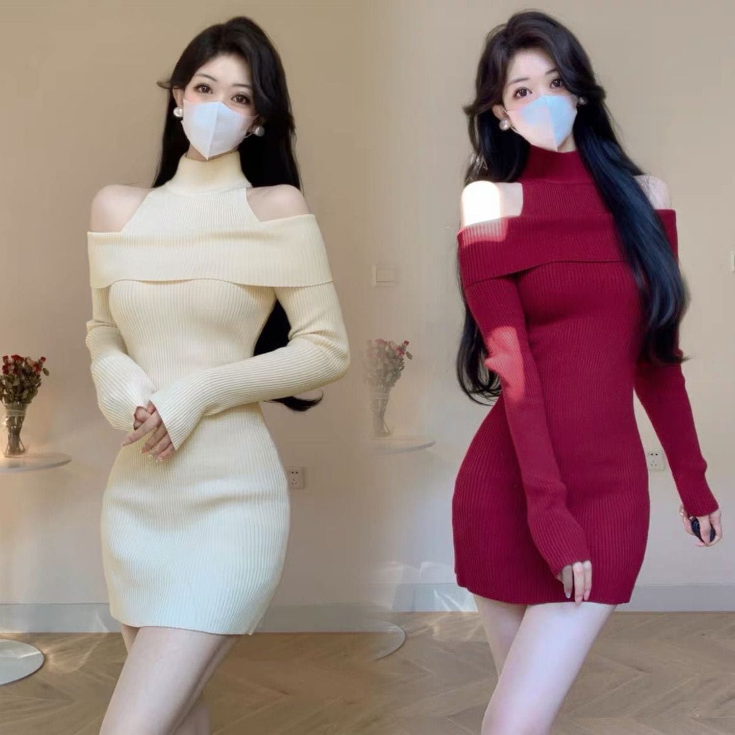 【1つ買うと10つ無料】秋と冬のスリムニットドレス女性の薄いハーフネックショルダーの底部のスカート