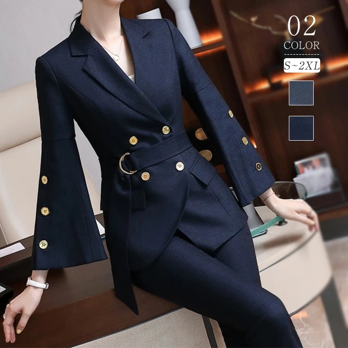 スーツ パンツスーツ レディース ビジネス セットアップ パンツ フレア袖 リボン Vネック 洗える ロング丈パンツ リクルート オールシーズン 春 夏 秋 冬 大きいサイズ 上品 入学式 入園式 卒