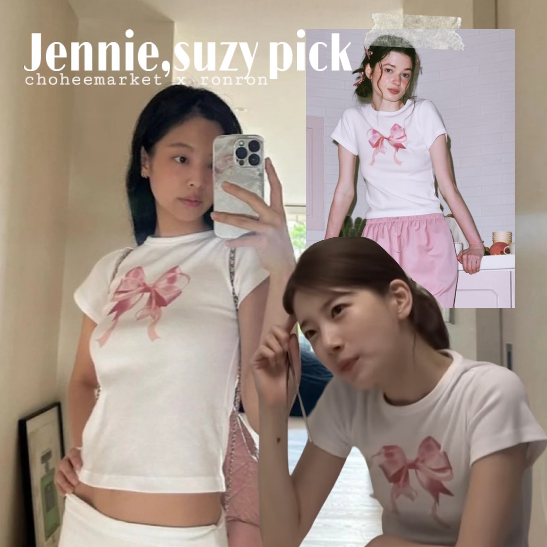 [Jennie,suzy pick!] ronron(authentic) Double ribbon slim crop T-shirt, wihte pink