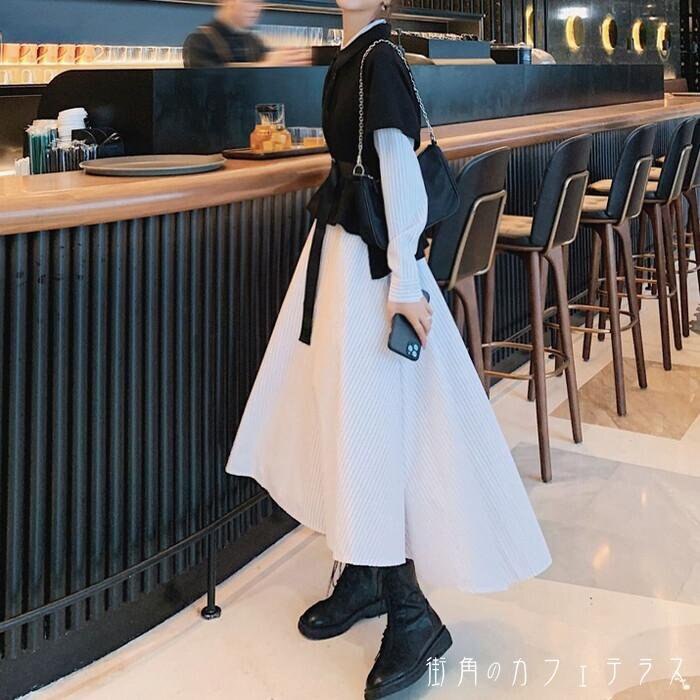 ワンピースニットベスト 2点セット セットアップ レイヤード 重ね着 レディース シャツワンピース シャツワンピ ロングワンピース ロング丈 フィッシュテール フレア 長袖 ベスト