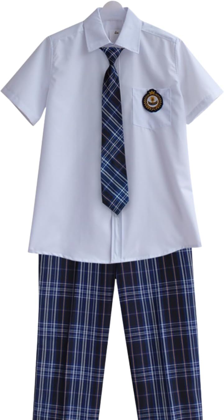 制服 学生服 男子 半袖 ズボン ネクタイ ワッペン 4点セット (01, M)