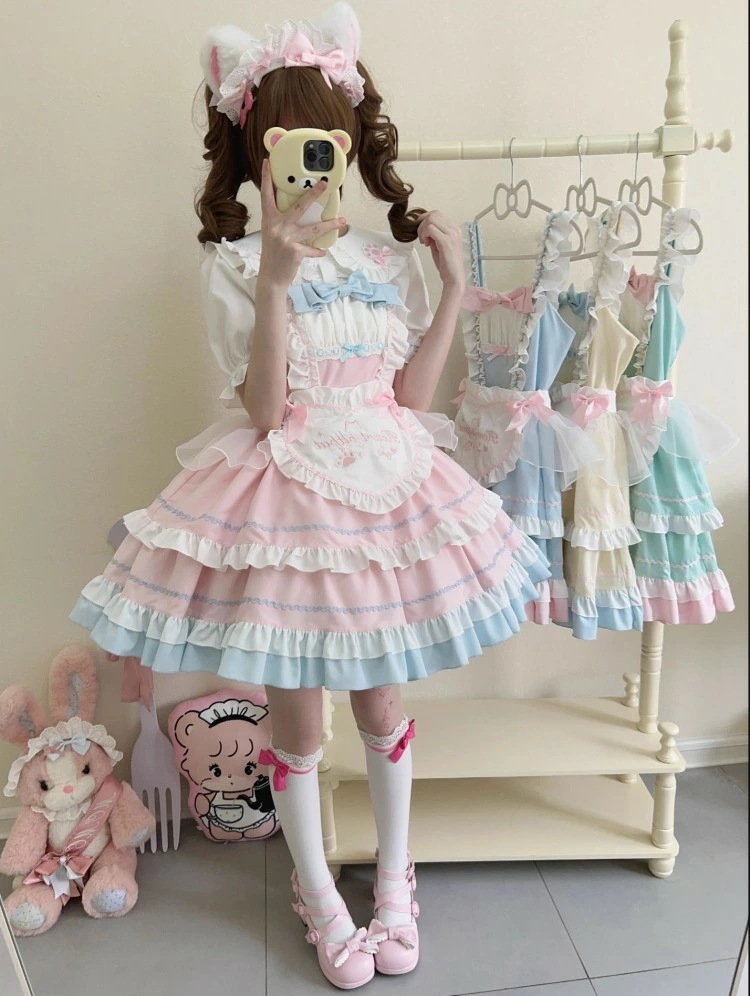 ロリータ ワンピース ジャンパースカート ゴスロリ ロリータ服 膝丈 ショート丈 フリル Aライン ロリータドレス チュール付 ハートのエプロン 半袖 メイド服 萌え萌え 蝶リボン
