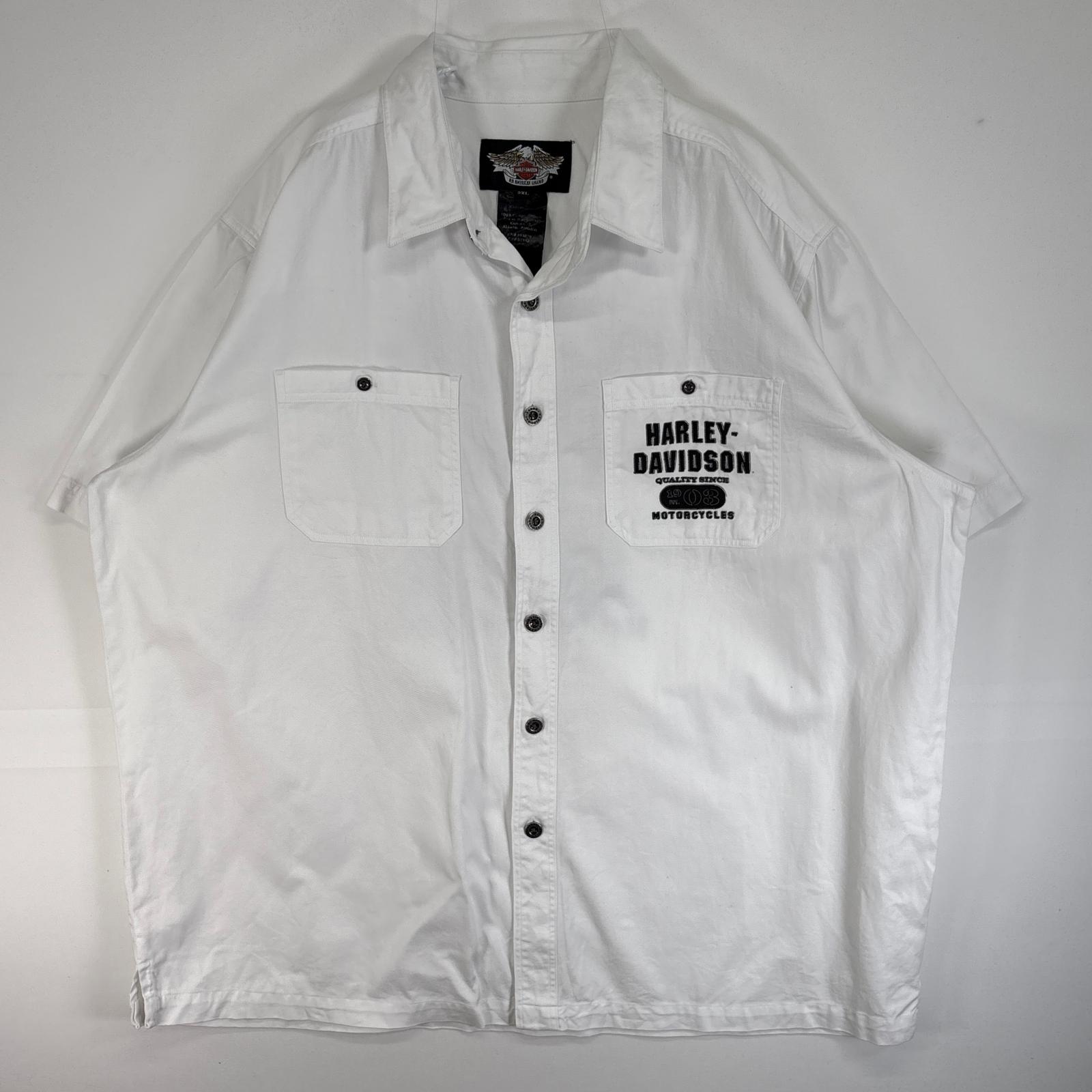 古着 半袖シャツ ワーク 肉厚 大きいサイズ モーターカルチャー 企業 胸ポケ 2XL ホワイト 両面プリント メンズ