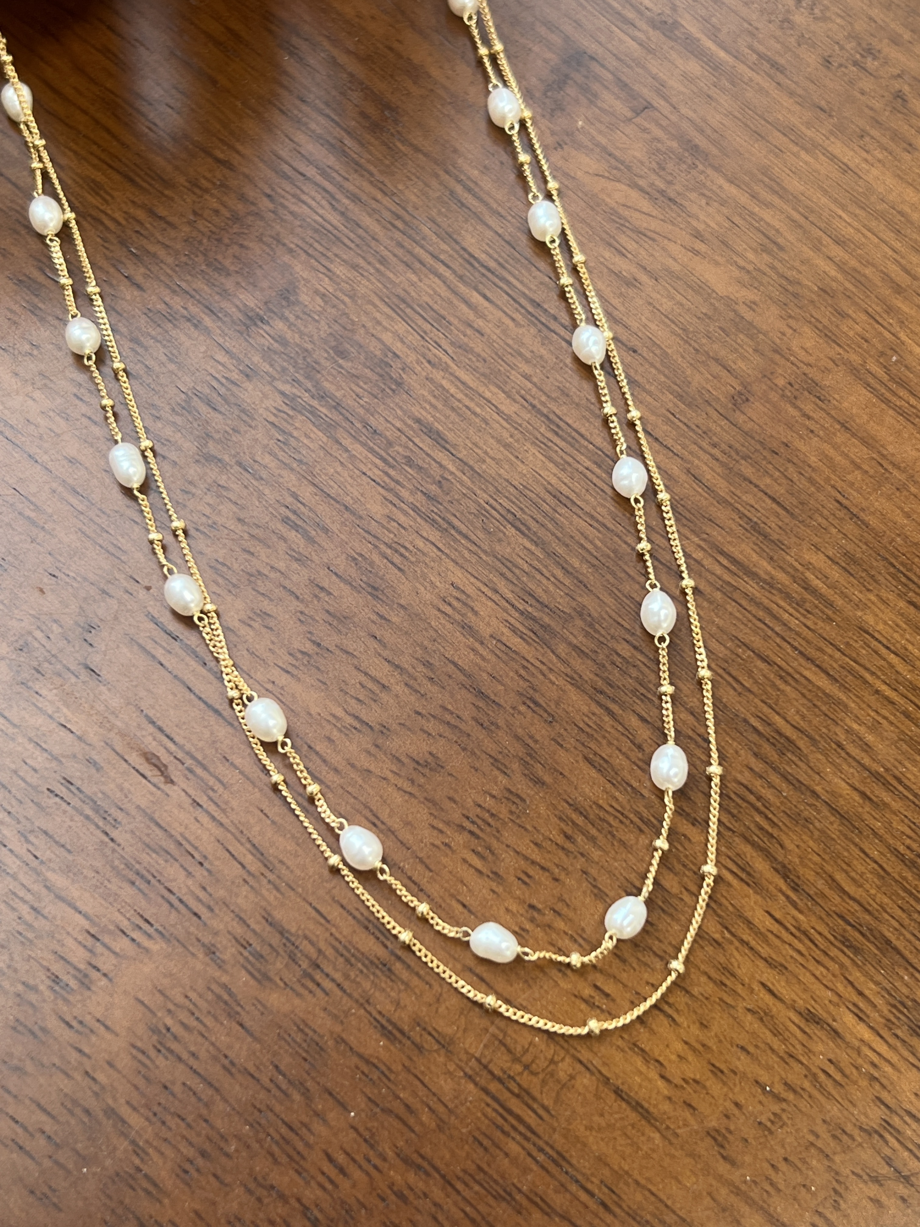 シルバー淡水パール二列レイヤードネックレス