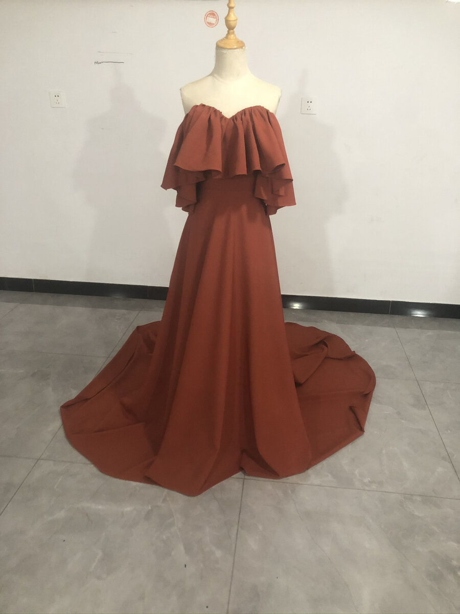 カラードレス テラコッタ色 オフショルダー ロングトレーン 前撮