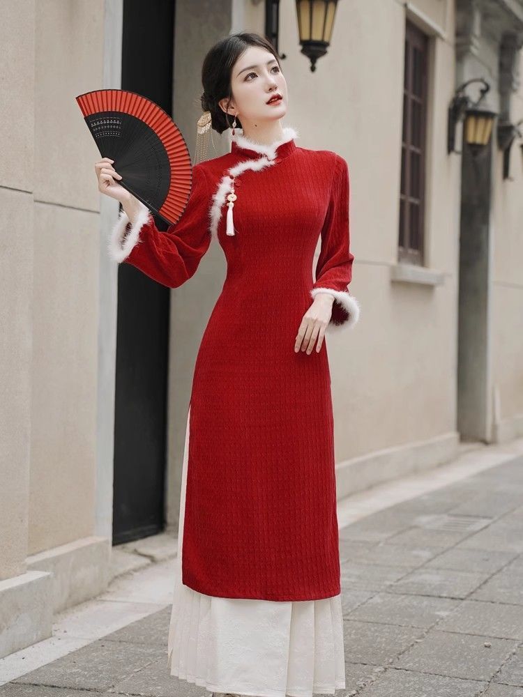 2025秋冬新赤いチャイナドレス改良少女レトロ国民風ハイレベルエレガント服
