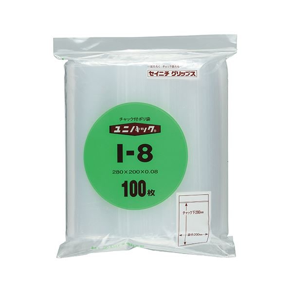 (まとめ) セイニチ ユニパック チャック付ポリエチレン ヨコ200×タテ280×厚み0.08mm I-8 1パック（100枚） (×10セット)