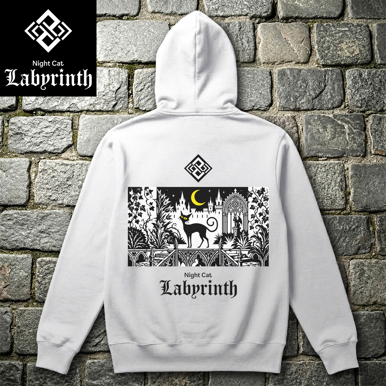 【Night Cat Labyrinth】ナイトキャットラビリンス 『月光の庭園』 フルジップパーカー 10oz 裏パイル (ホワイト)　黒猫 ゴシック ダークファンタジー ストリートファッション
