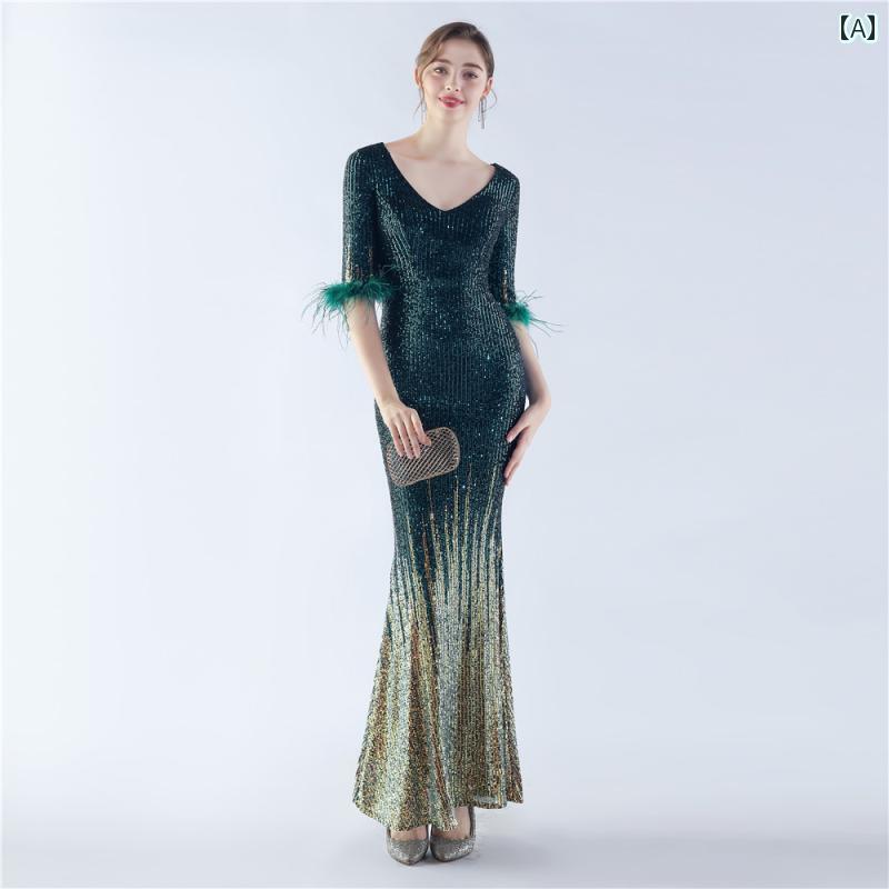 イブニングドレス ワンピース レディース Vネック 五分袖 マキシ 背中ファスナー 光沢 スパンコール キラキラ パーティー 発表会 きいサイズ グラデーション 金 黒 紺