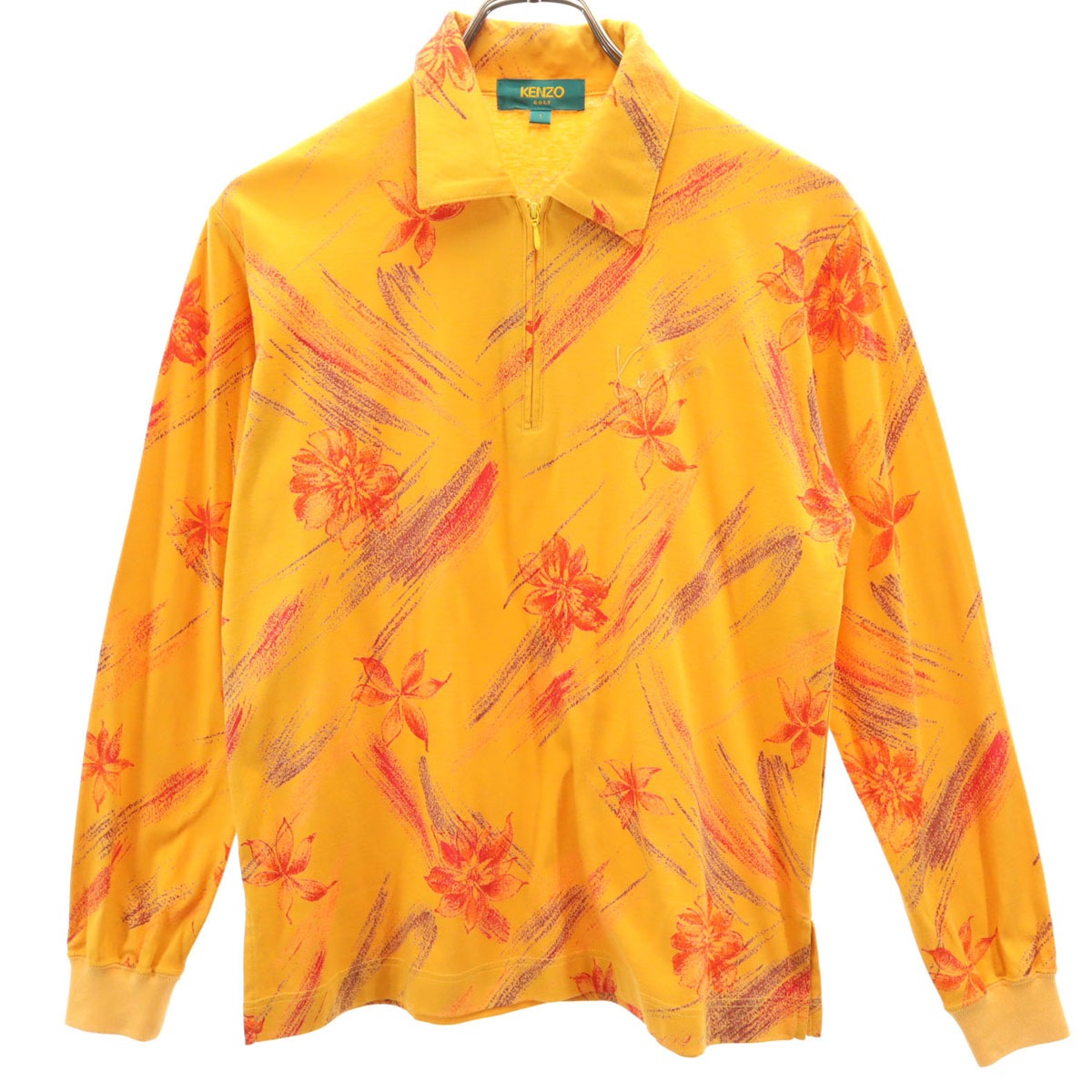 KENZO GOLF ケンゾーゴルフ 90s 日本製 オールド 総柄 長袖 ハーフジップ カットソー 1 オレンジ メンズ 古着