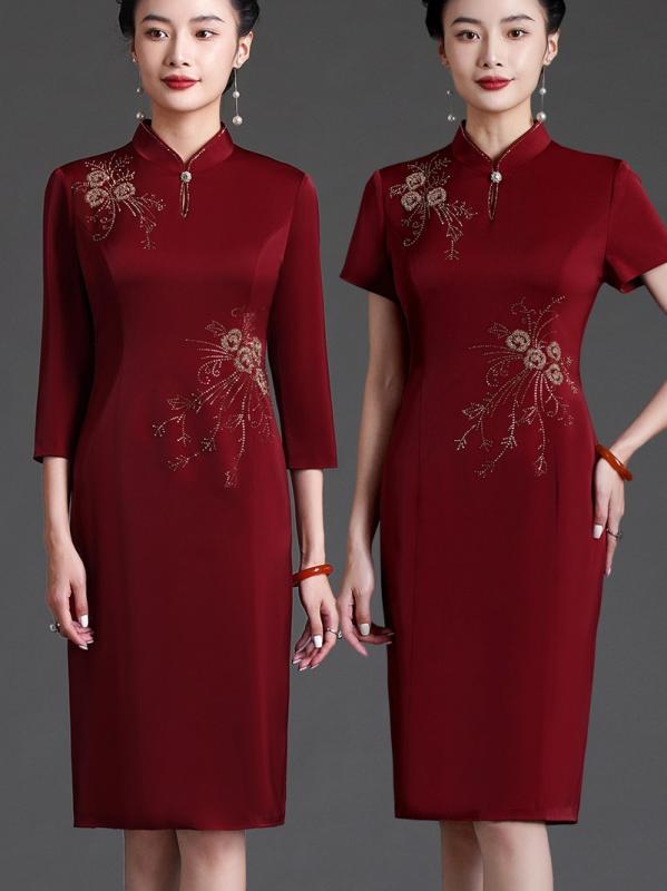 チャイナドレス レディース パーティー イベント フォーマル お呼ばれ コスプレ 大きいサイズ エレガント ワインレッド ワンピース スタンドカラー 刺繍 半袖 七分 ミモレ丈 スリム フィット