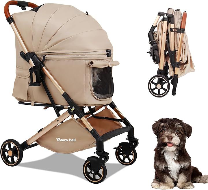 ペットカート 犬 バギー 4輪 小型犬 中型犬 多頭 ペットキャリーカート ワンタッチ折り畳み 自立式 ゴム製大口径タイヤ 一体型 ペットバギー コンパクト 広い空間 (カーキ, 中型)