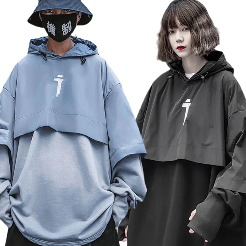 重ね着風パーカー フード付き オーバーサイズ 男女兼用 切り替えトップス ストリート系 メンズ カップル服 ゆったり かっこいい ブラック ブルー