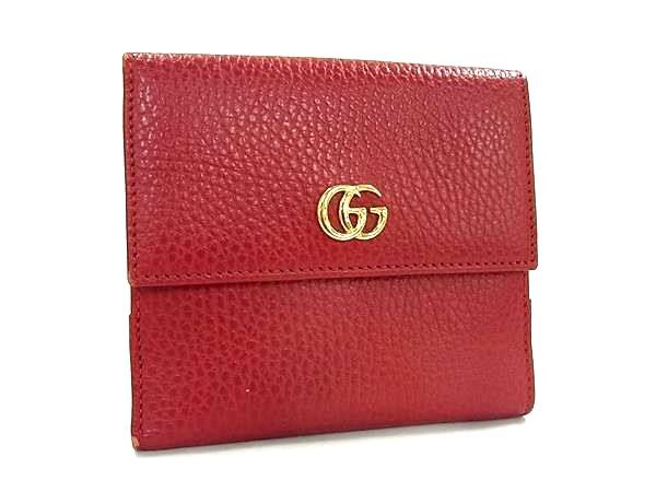 財布 GGマーモント レザー 456122 Wホック 二つ折り 財布 ゴールド金具 レッド 折財布 小銭入れ サイフ プレゼント 札入れ 人気 カード入れ ブランド【本物保証】