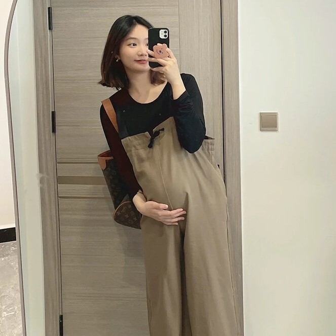 マタニティ ツーピース 2点セット サロペット Tシャツ ワイドパンツ カーキ ブラック 黒 ロングTシャツ カットソー L 春 秋 ワイド ゆったり ゆる トップス ボトムス シャツ 袖あり 長袖