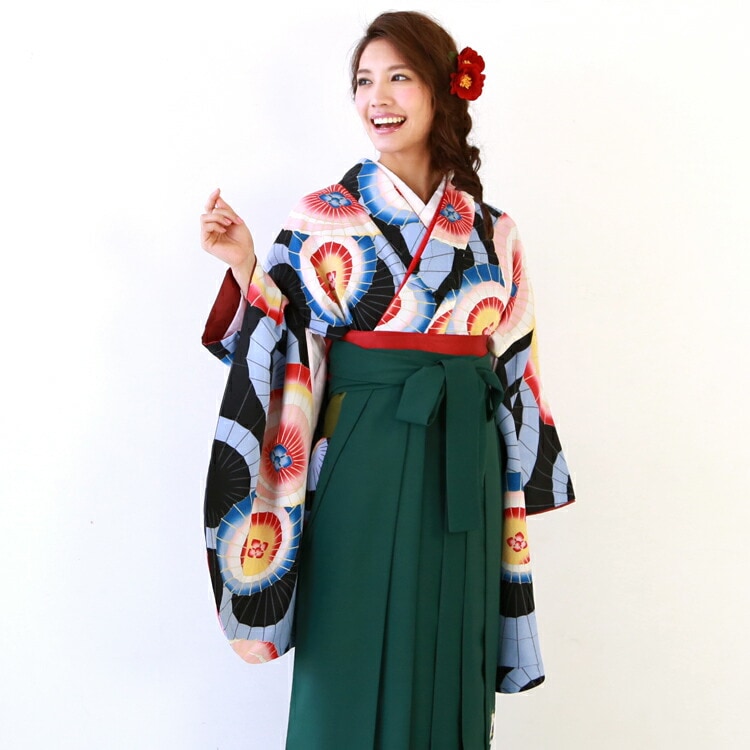 レンタル卒業式 袴 レンタル 女 袴セット 女 卒業式袴セット2尺袖着物＆袴 フルセットレンタル 安い 黒地に和傘 番傘ハカマ はかま rental