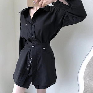 [本日特典]フェイクレイヤードシャツワンピ 春新作 1 列ボタン ウエストマーク ミニ丈ワンピース