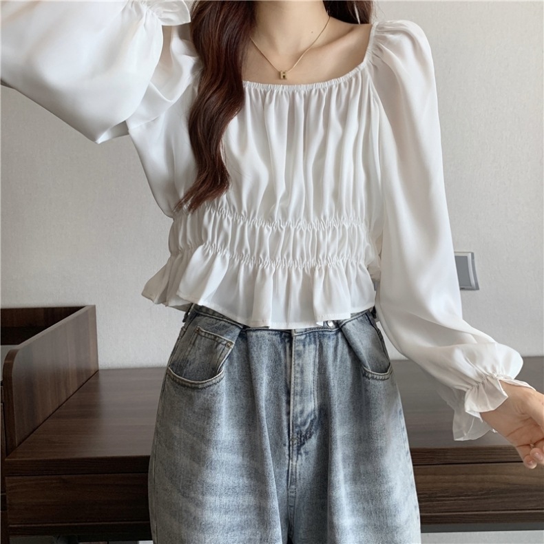 トップス ブラウス カットソー プルオーバー 白トップス ショート丈 長袖 パフスリーブ シャーリング スクエアネック 襟なし ウエストマーク ハイウエスト かわいい 大人可愛い きれいめ シンプル