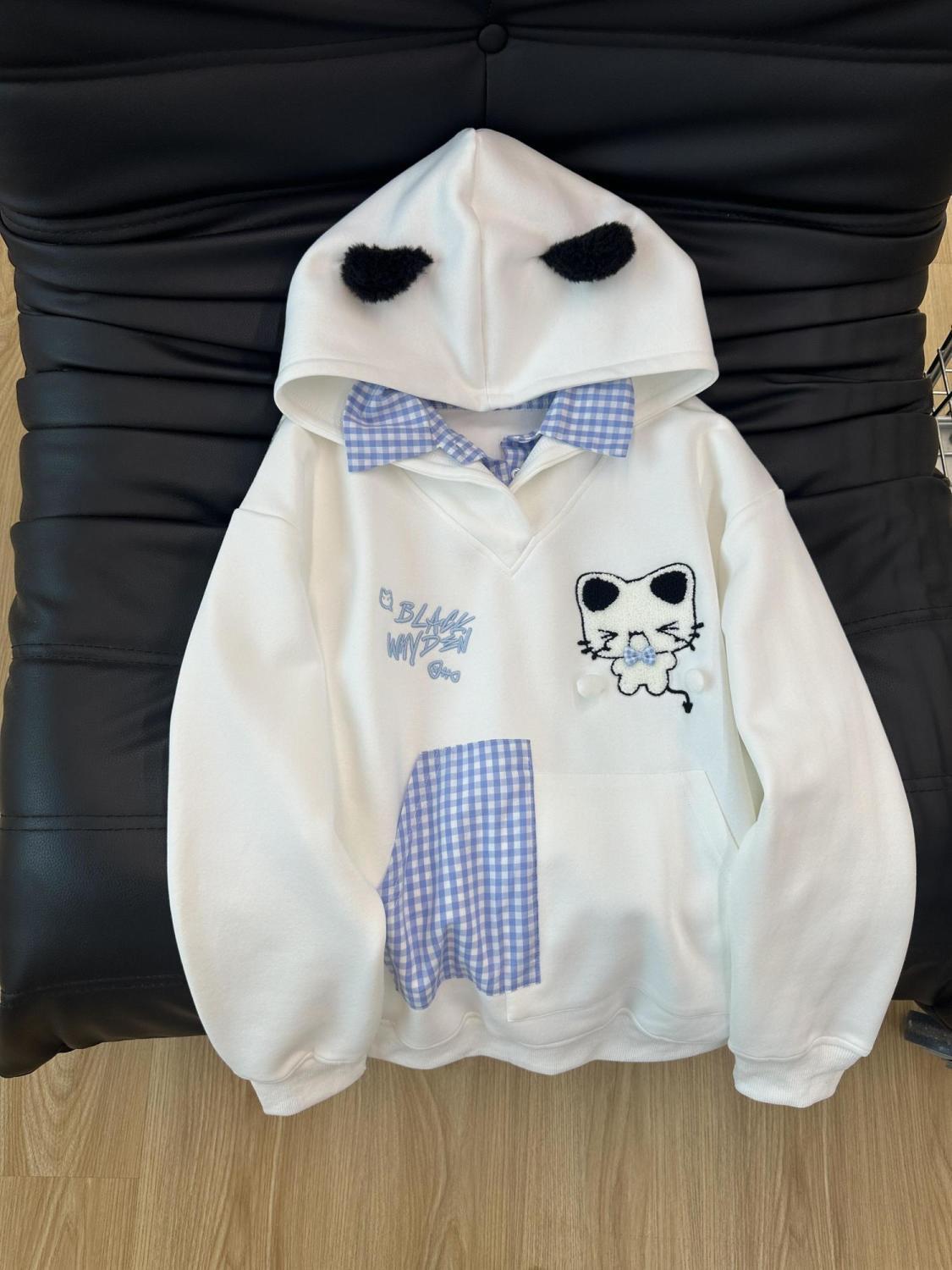 かわいい猫をテーマにしたフェイクツーピース刺繍フード付きスウェットシャツレディース春と秋薄手ゆったりフィットリラックススタイル長袖トップス