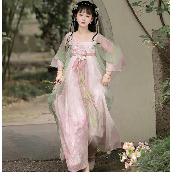 漢風ドレス ロング丈 お嬢様 コスプレ 漢服 華流 中国古代 コスチューム 刺繍 改良版漢服 仙女 ドレス 漢元素 ロリータ服 可愛い ロリータドレス コスプレ衣装