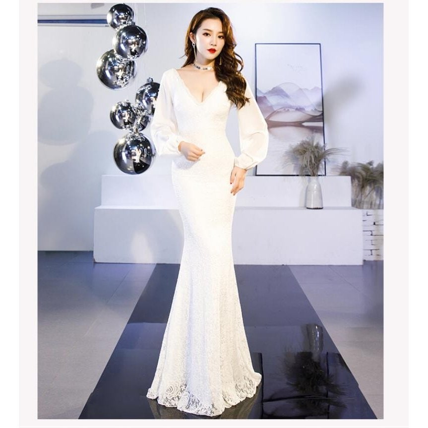 袖あり マーメイドドレス ナイトドレス ロングドレス 司会者 結婚式 二次会 演奏会 発表会 披露宴