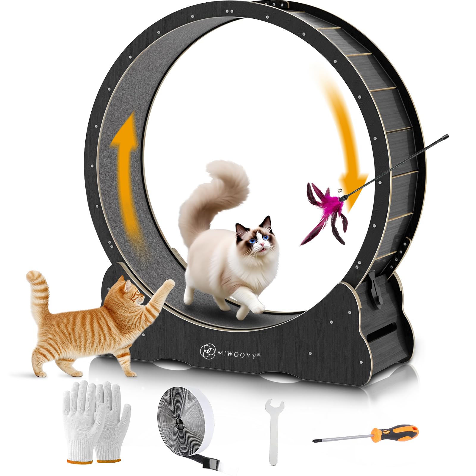 MIWOOYY キャットホイール 大型猫 回し車 100cm - 屋内猫用の黒無垢材の猫ルームランナーロックと最小限の隙間設計を備えた安全猫 ランニングマシン