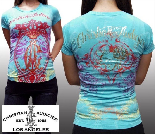 セール クリスチャンオードジェー レディース Tシャツ Christian Audigier CA EMBLEM ブルー インポート セレブ カジュアル ハリウッド LAセレブ ファッション 正規