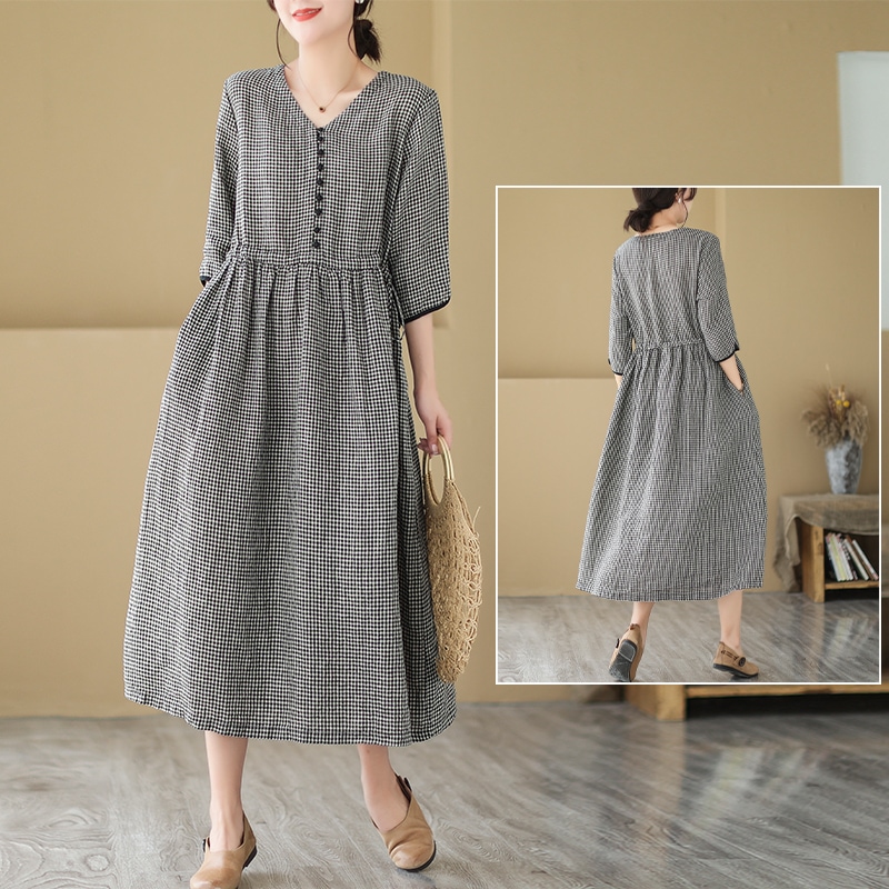 チェック柄 Vネック ワンピース ロングスカート 膝下 ロング ロング丈 袖あり 7分袖 七分袖 Vネック Aライン ウエストマーク 綿 麻 かわいい 大人可愛い きれいめ 大人 上品 おしゃれ