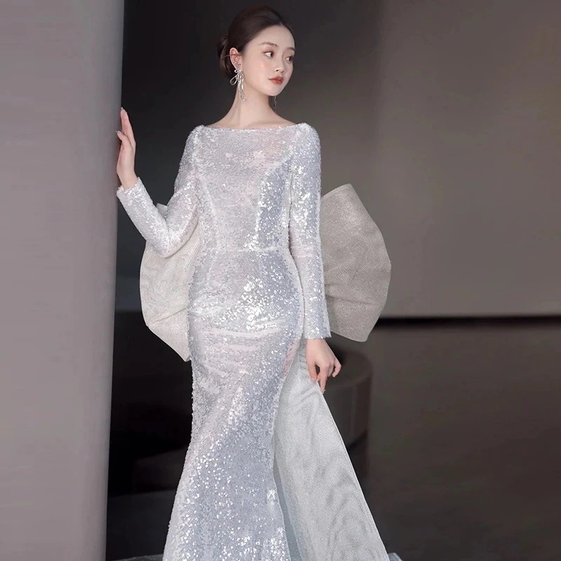 長袖パーティドレス結婚式二次会 花嫁ロングドレス年次総会ホストスパンコールフィッシュテール花嫁光のウェディングドレス