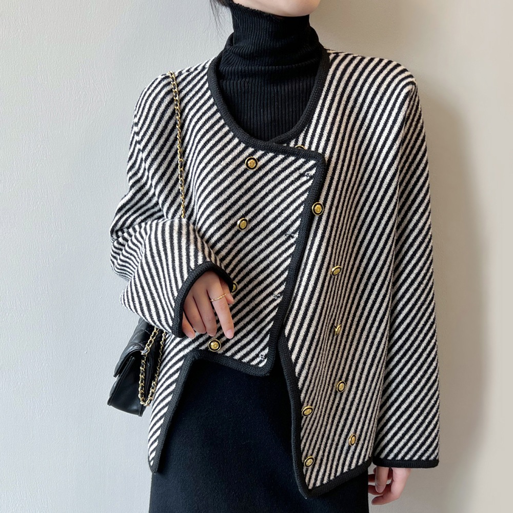 アシンメトリー ダブルブレスト カジュアル ツイード ノーカラー ジャケット OHCA0144