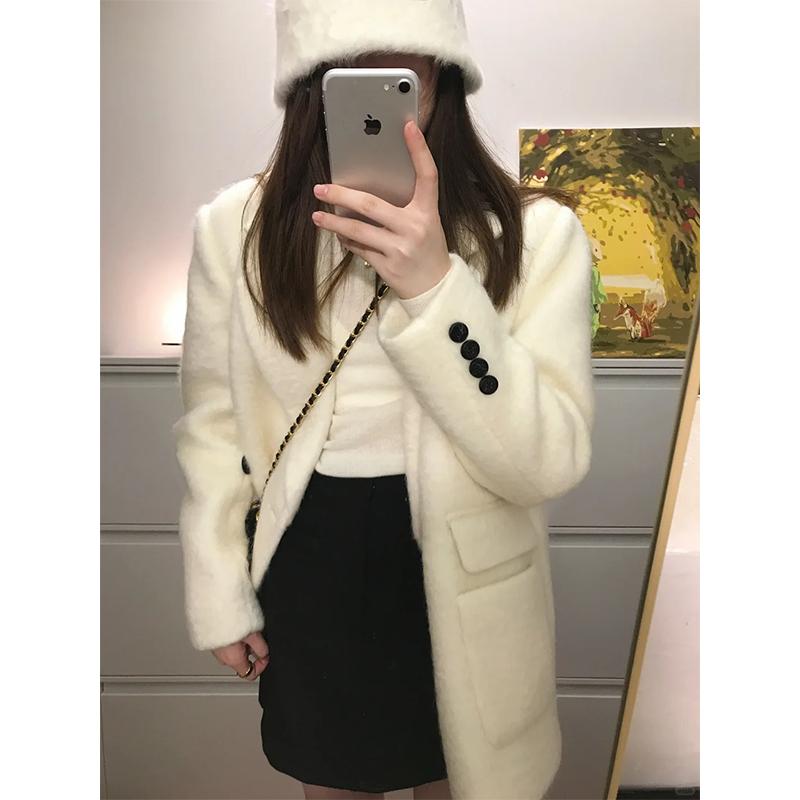 秋冬 コーデ レディース ファッション オシャレ 服 カワイイ シンプル 大人カワイイ 大きいサイズ 白 ウール コート ハイエンド 韓国スタイル